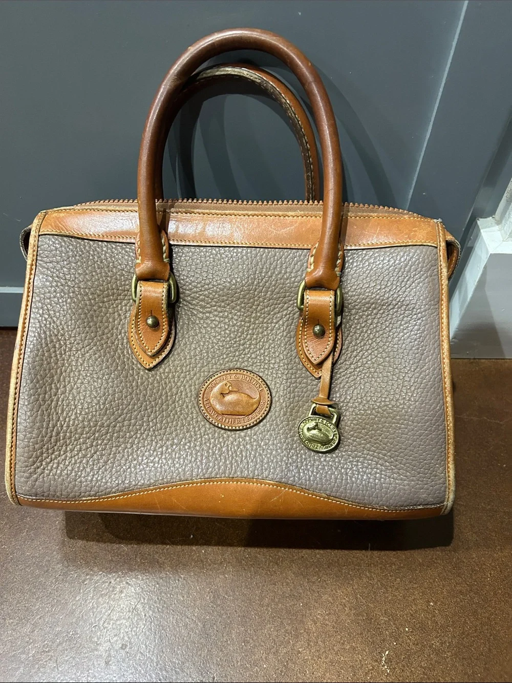 Dooney & Bourke Vintage Taupe and Tan Leather Satchel